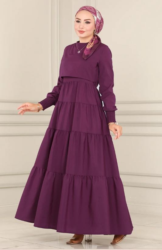 Ruffle Tericoton(Lycra-free) Burgundy Dress