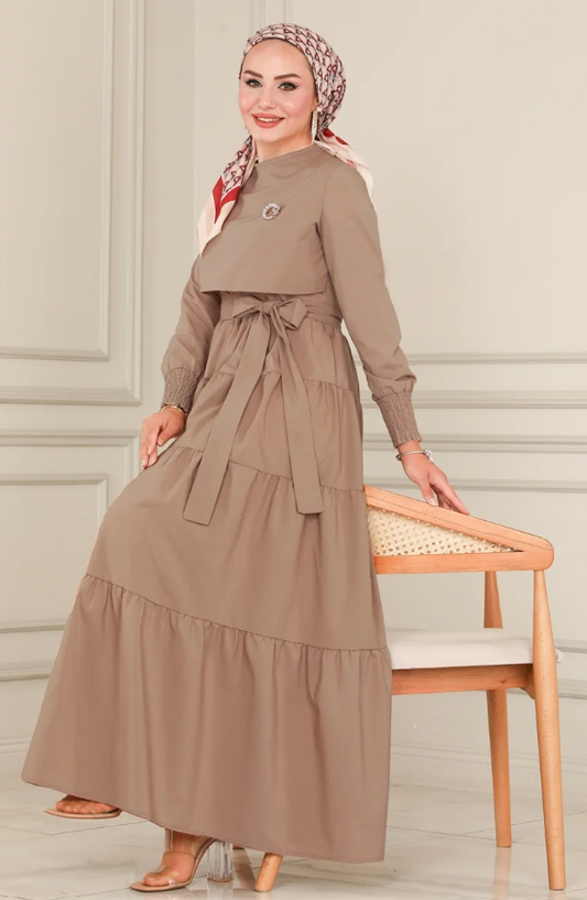 Ruffle Tericoton(Lycra-free) Beige Dress