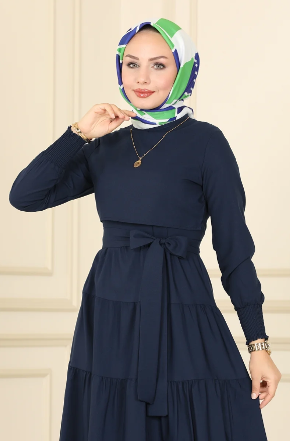 Ruffle Tericoton(Lycra-free) Navy blue Dress