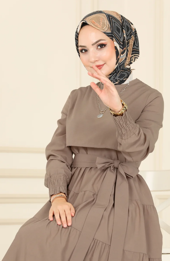 Ruffle Tericoton(Lycra-free) Dark Beige Dress