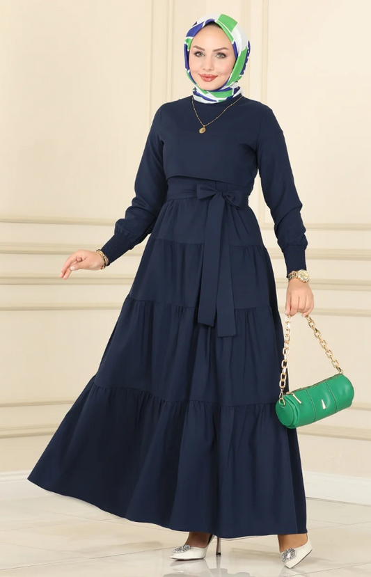 Ruffle Tericoton(Lycra-free) Navy blue Dress