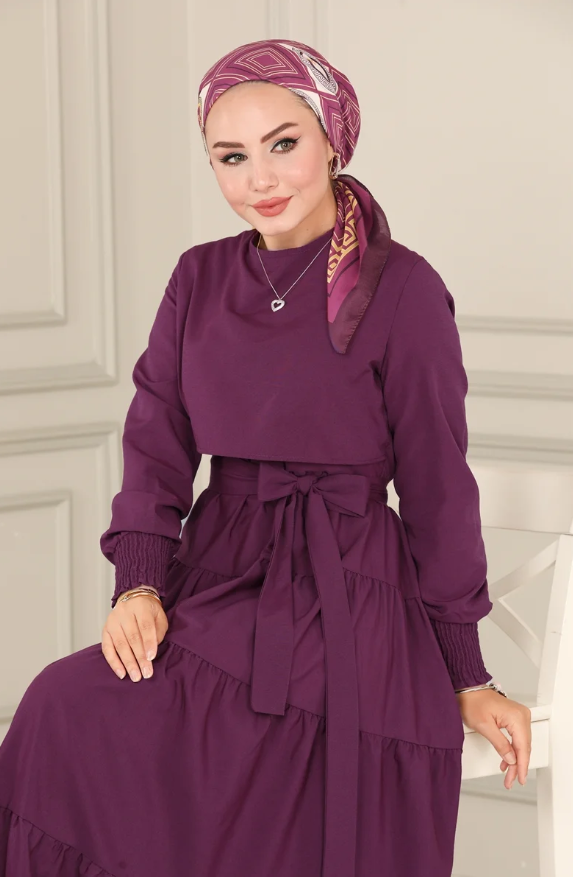 Ruffle Tericoton(Lycra-free) Burgundy Dress