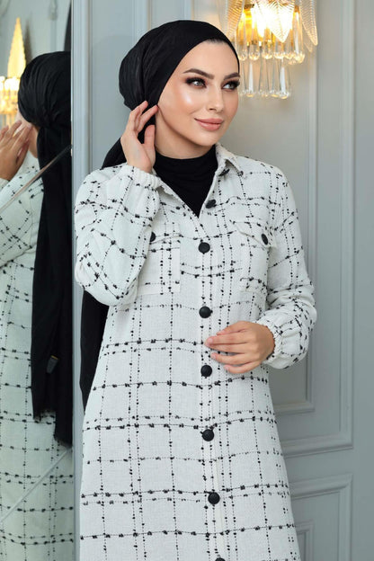 Tweed Checkered Cashmere White Coat