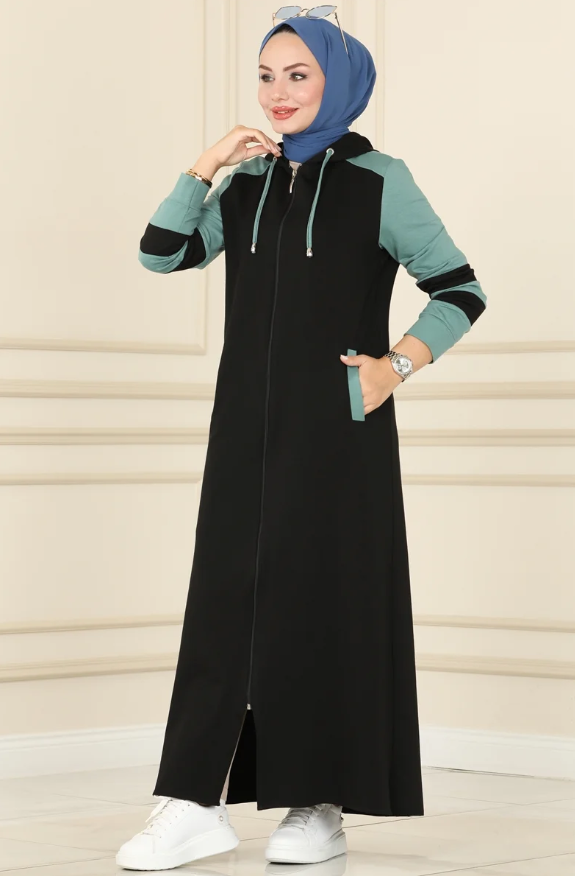 Hooded Sport Cotton Black&Mint Abaya