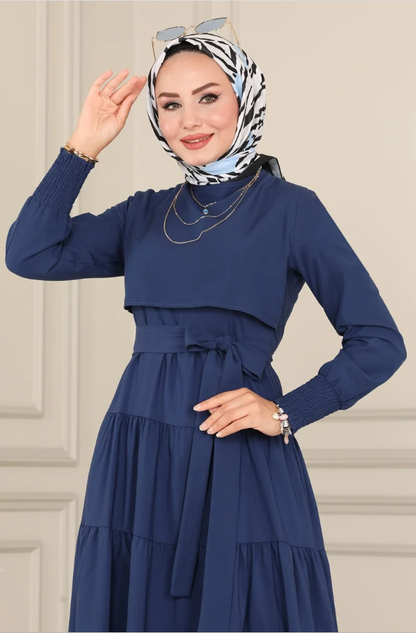 Ruffle Tericoton(Lycra-free) Dark Blue Dress