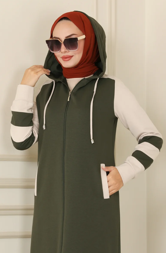 Hooded Sport Cotton Khaki  Abaya