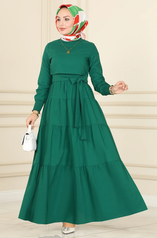 Ruffle Tericoton(Lycra-free) Dark green Dress