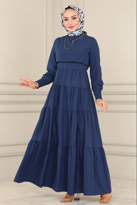 Ruffle Tericoton(Lycra-free) Dark Blue Dress
