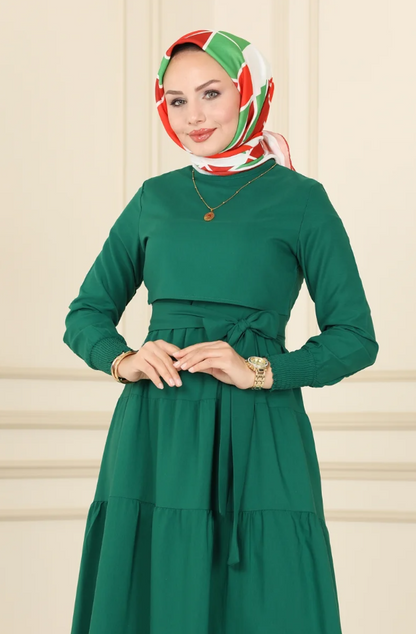 Ruffle Tericoton(Lycra-free) Dark green Dress