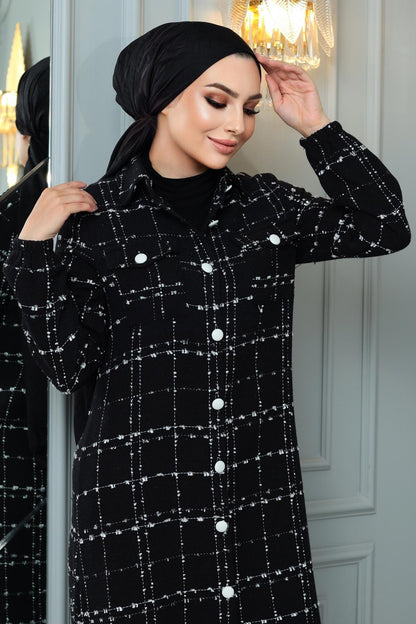 Tweed Checkered Cashmere Black Coat