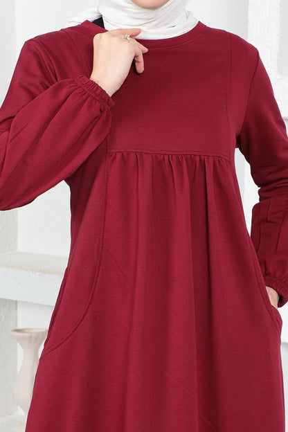 Balloon Sleeve Cotton Burgundy Sports Dress