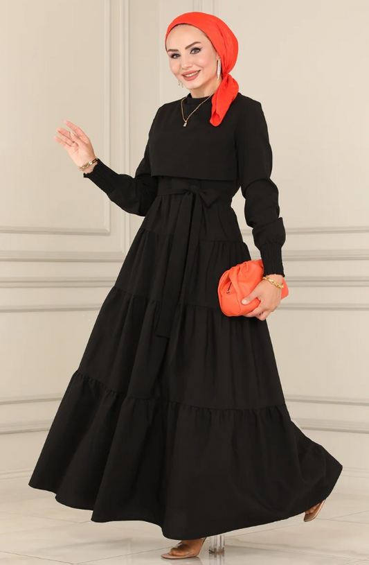 Ruffle Tericoton(Lycra-free) Black Dress