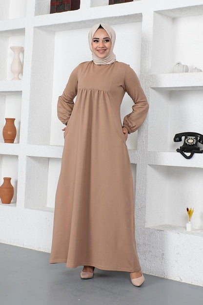 Balloon Sleeve Cotton Beige Sports Dress