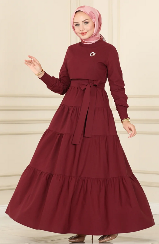 Ruffle Tericoton(Lycra-free) Claret red Dress