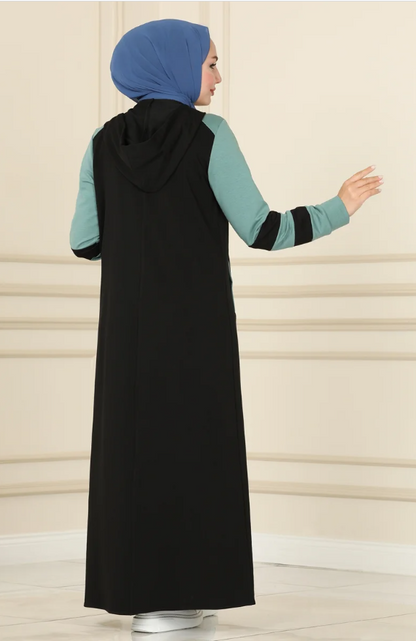 Hooded Sport Cotton Black&Mint Abaya