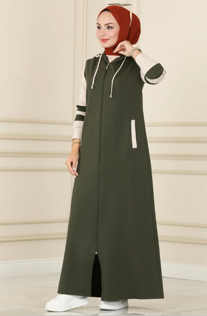 Hooded Sport Cotton Khaki  Abaya