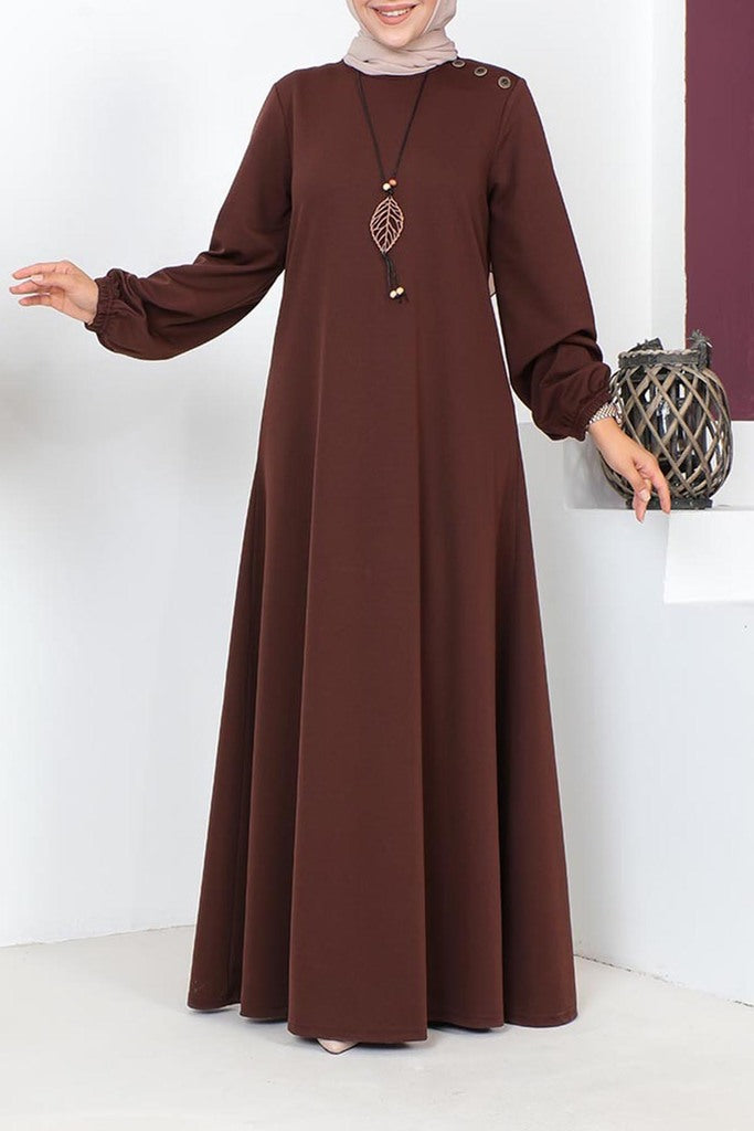 Polyester and Cotton Blend Brown Modest Dress