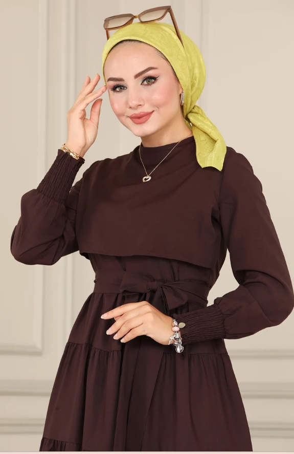 Ruffle Tericoton(Lycra-free) Brown Dress