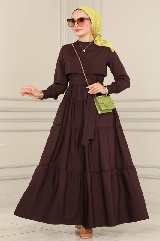 Ruffle Tericoton(Lycra-free) Brown Dress