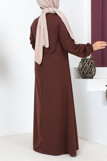 Polyester and Cotton Blend Brown Modest Dress