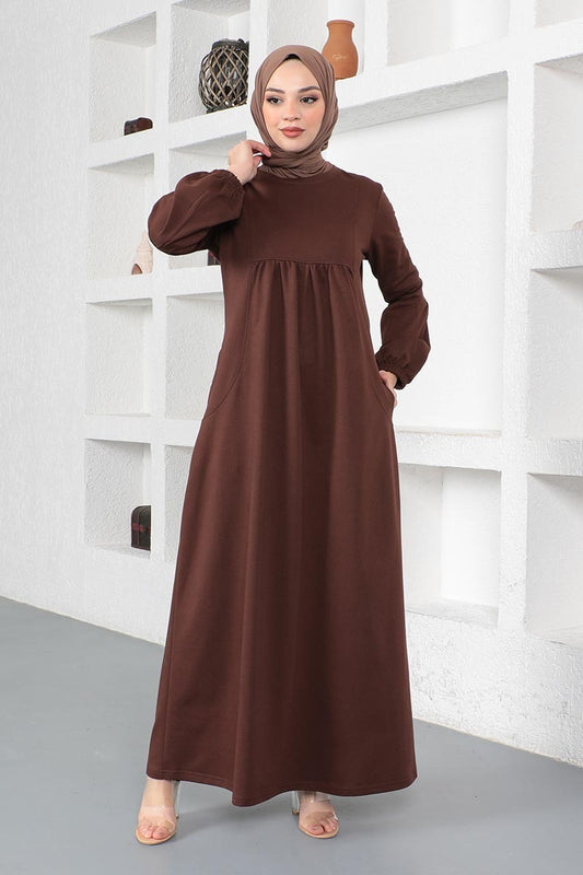 Balloon Sleeve Cotton Brown Sports Dress