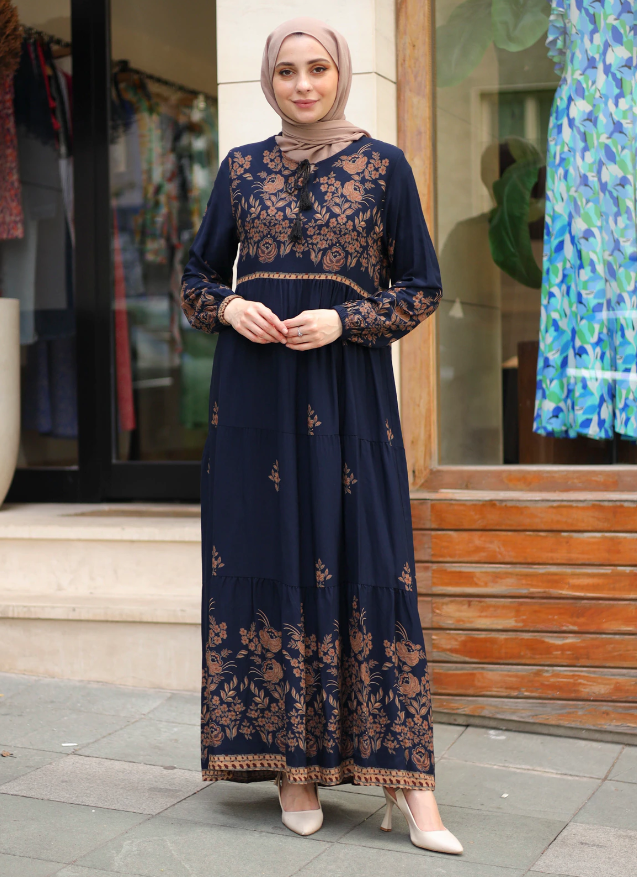 Viscose Navy Blue Modest Dress