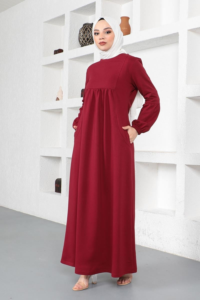 Balloon Sleeve Cotton Burgundy Sports Dress