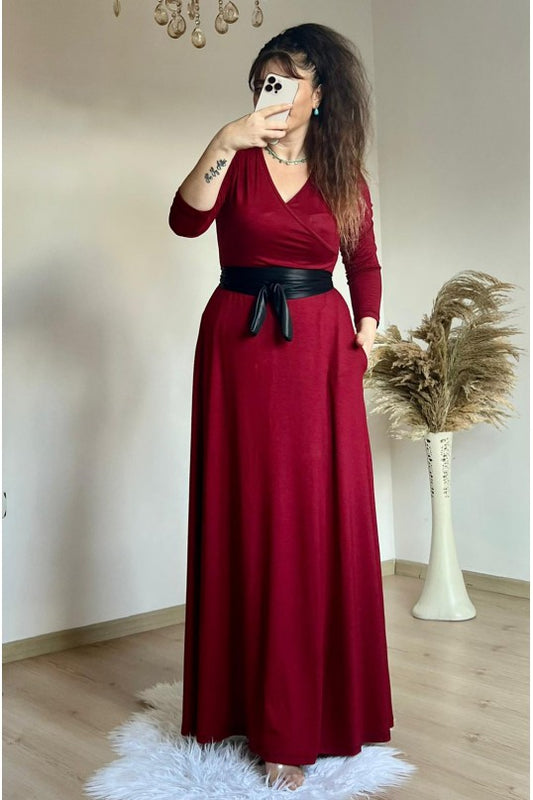 Belted Plain Dress Burgundy