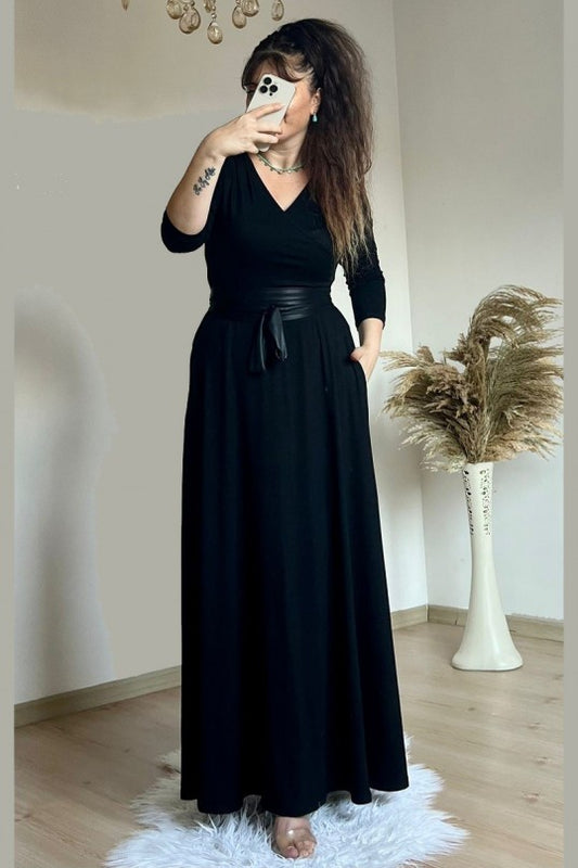 Belted Plain Dress Black